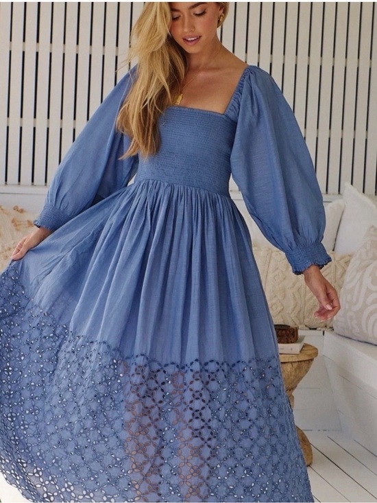 Free People Dresses & Skirts - Free People perfect storm size S Blue Smocked Maxi Dress with Eyelet Hem